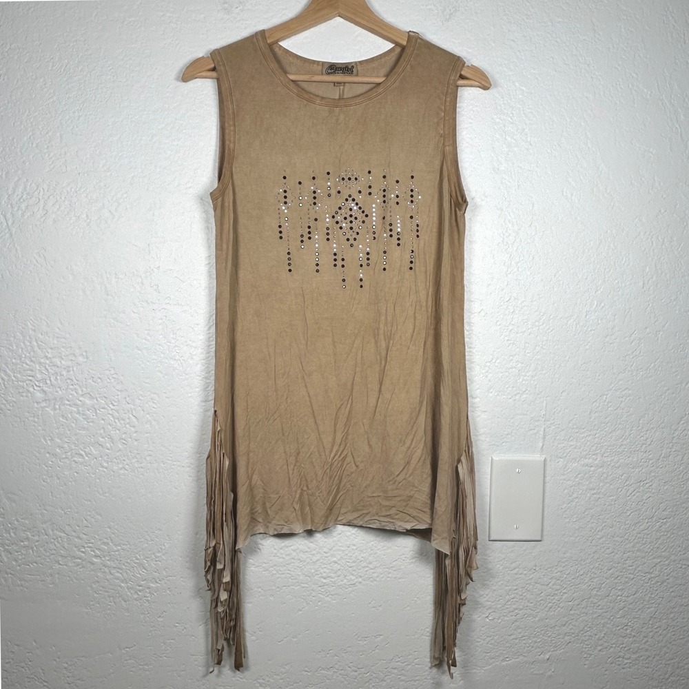 Cowgirl Hardware Tank Top Tan Rhinestone Fringe Western Boho Size M